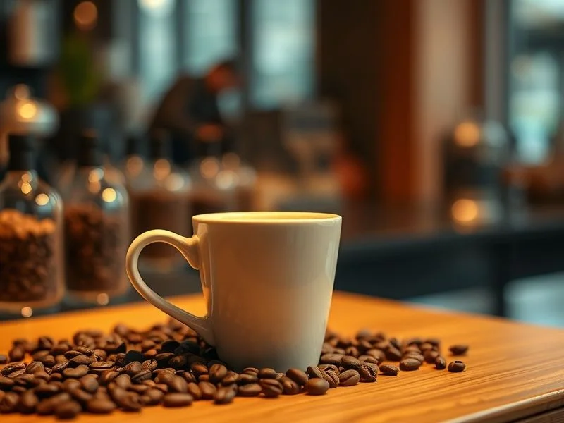 A macro shot of vibrant red coffee cherries hanging delicately on a branch amidst lush green leaves, dewdrops visible. The background is a soft, sun-drenched bokeh of a misty, shaded coffee farm. Style: Naturalistic, high-fidelity, vibrant, serene, golden hour light.