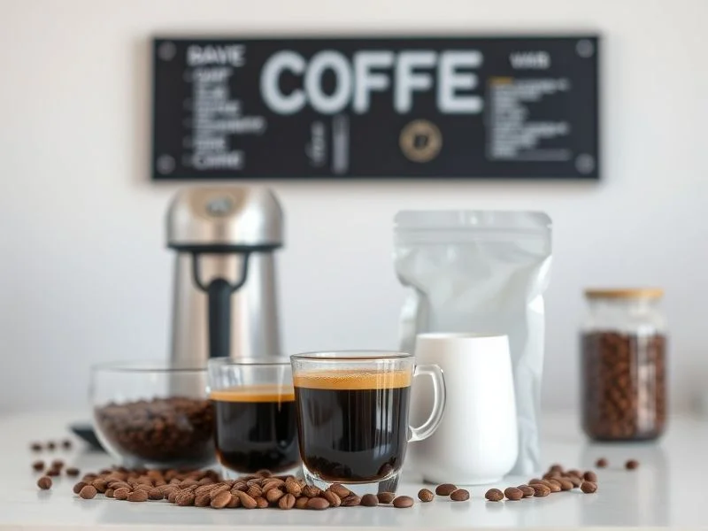 An artful abstract composition showing a blend of different roasted coffee beans (varying colors/sizes) gently flowing or mixing together, perhaps with a subtle motion blur effect. Style: Abstract, dynamic, textural, rich brown and amber hues.