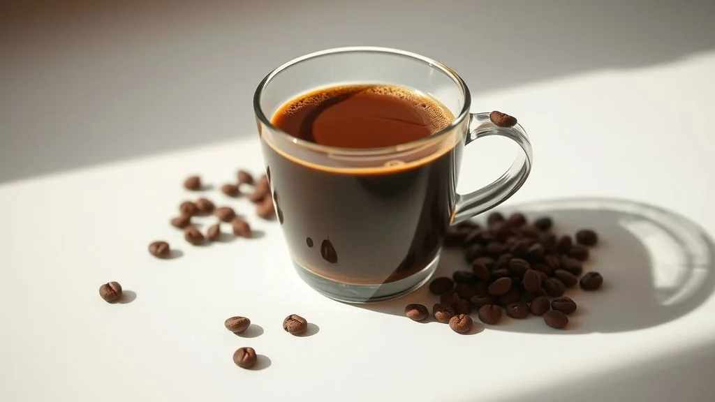 A close-up, high-dynamic-range shot of rich, dark roasted coffee beans swirling elegantly in a soft, ethereal light, creating abstract patterns and a sense of depth. Focus on the texture and natural oils of the beans. Style: Cinematic, ultra-realistic, slightly abstract, dark moody tones with glistening highlights.