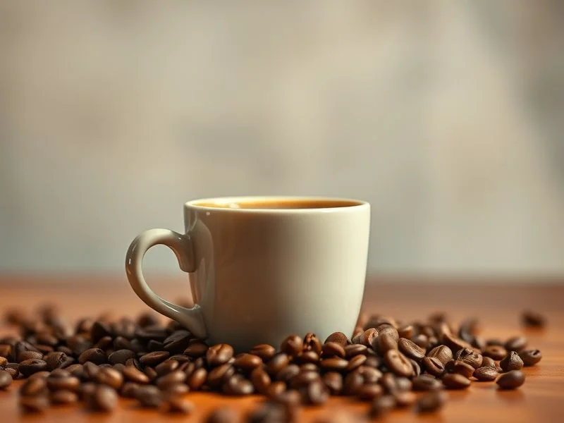 A perfectly crafted latte art in a elegant, matte ceramic coffee cup, placed on a minimalist concrete table next to a subtle, blurred plant shadow. The lighting is soft and inviting, highlighting the crema and delicate art. Style: Lifestyle minimalism, inviting, warm, diffused natural light.