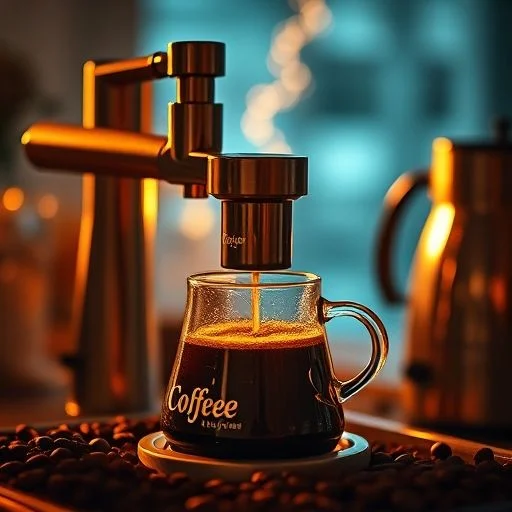 A captivating close-up inside a large, polished copper coffee roasting machine drum, with a subtle glow of heat. The metal surfaces reflect soft light, and a few roasted coffee beans are visible, hinting at the process. Style: Industrial aesthetic, warm metallic hues, soft diffused internal light, focus on machinery.