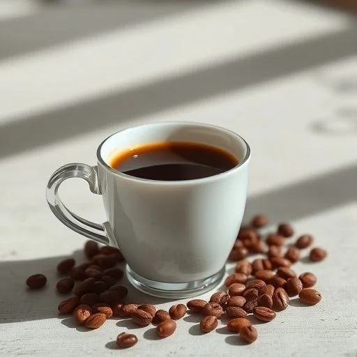 A detailed shot of perfectly roasted Robusta beans, darker and slightly more irregular than Arabica, with a rich, oily sheen, scattered artfully on a light-colored, rustic linen cloth. Style: Macro photography, warm tones, natural light, tactile.