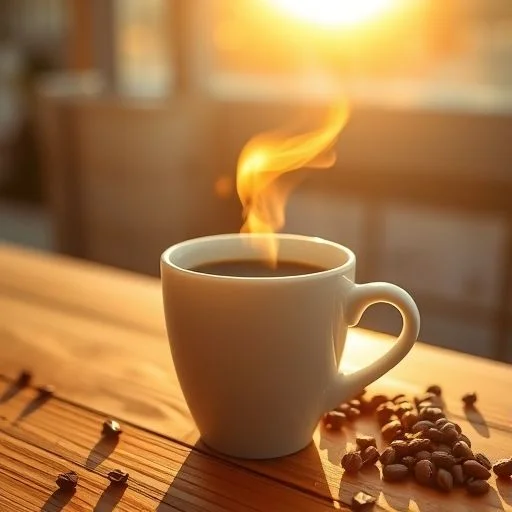 A panoramic, atmospheric shot of a thriving, lush coffee plantation nestled among shaded trees on rolling hills at sunrise. Focus on the healthy green foliage and mist rising, conveying harmony with nature. Style: Landscape photography, ethereal, vibrant greens, soft golden light.